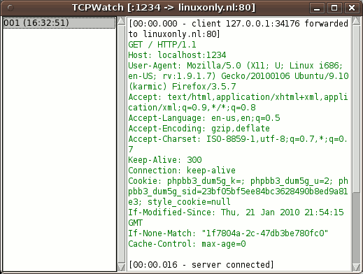 A HTTP request shown in TCPWatch